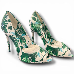 Women's Aldo White Green Leaf Print Peep Toe Heels Size 7.5